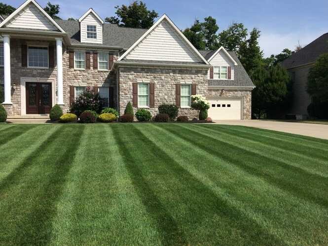 Striped lawn outside a brick residence