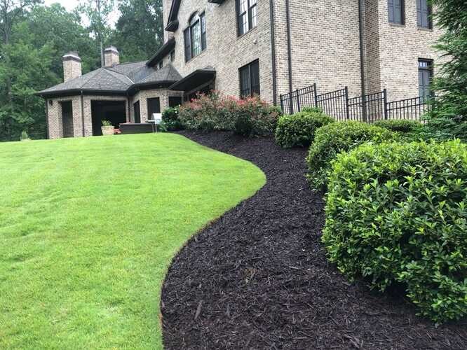 Curved black mulch beds and lawn